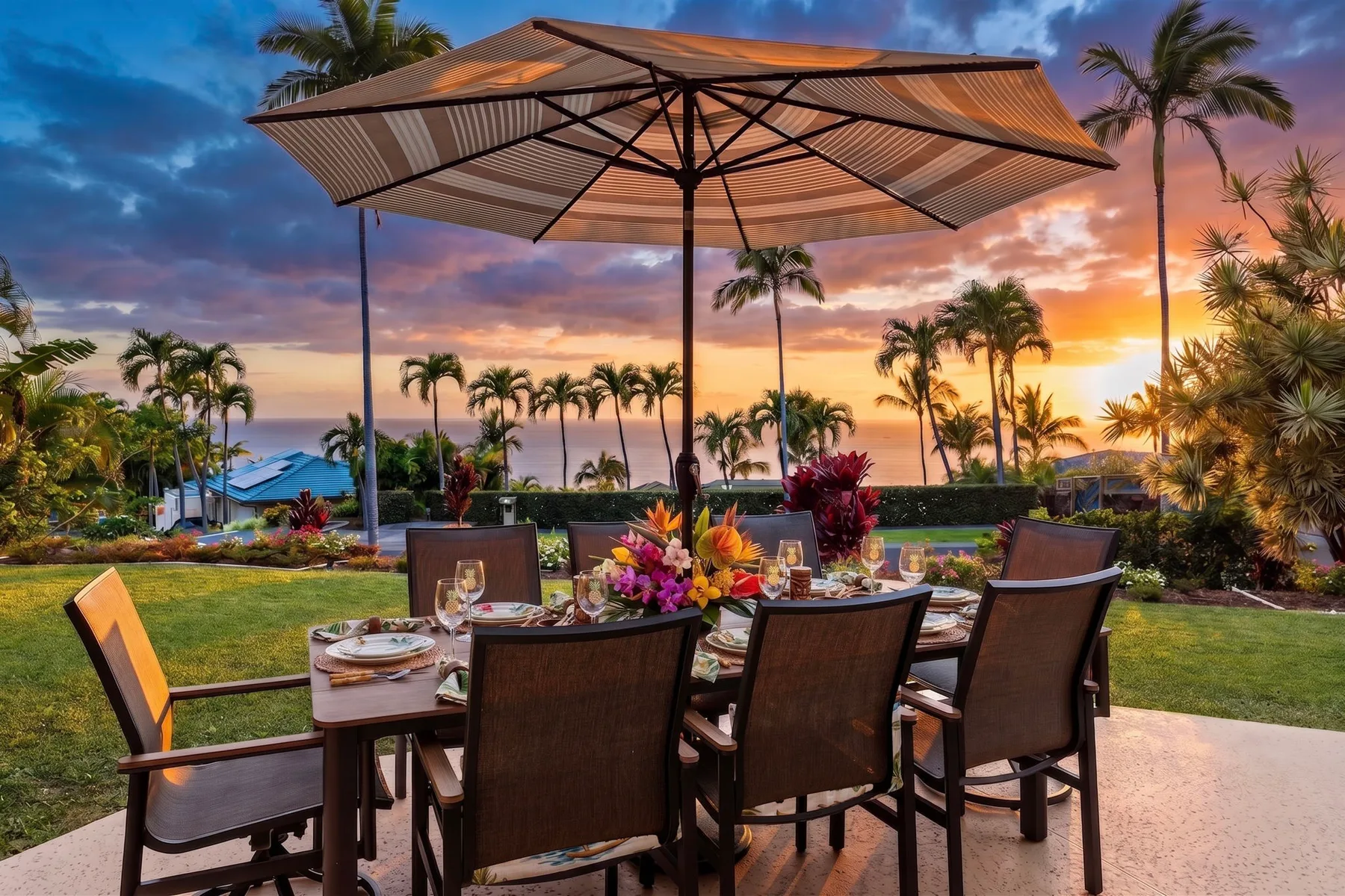 An outdoor dining area sits beneath a large umbrella, with palm trees and a sunset beyond.