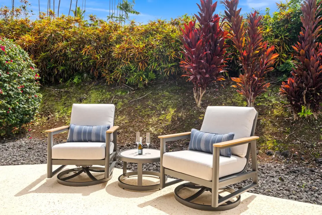 Outdoor seating with cushioned chairs and a small round table in front of leafy plants.