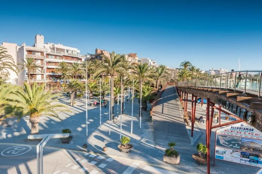 Un paseo marítimo soleado con palmeras y una pasarela elevada.