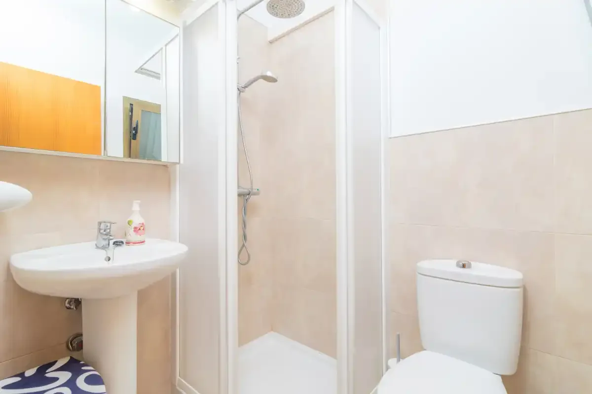Un baño con lavabo, inodoro y ducha.