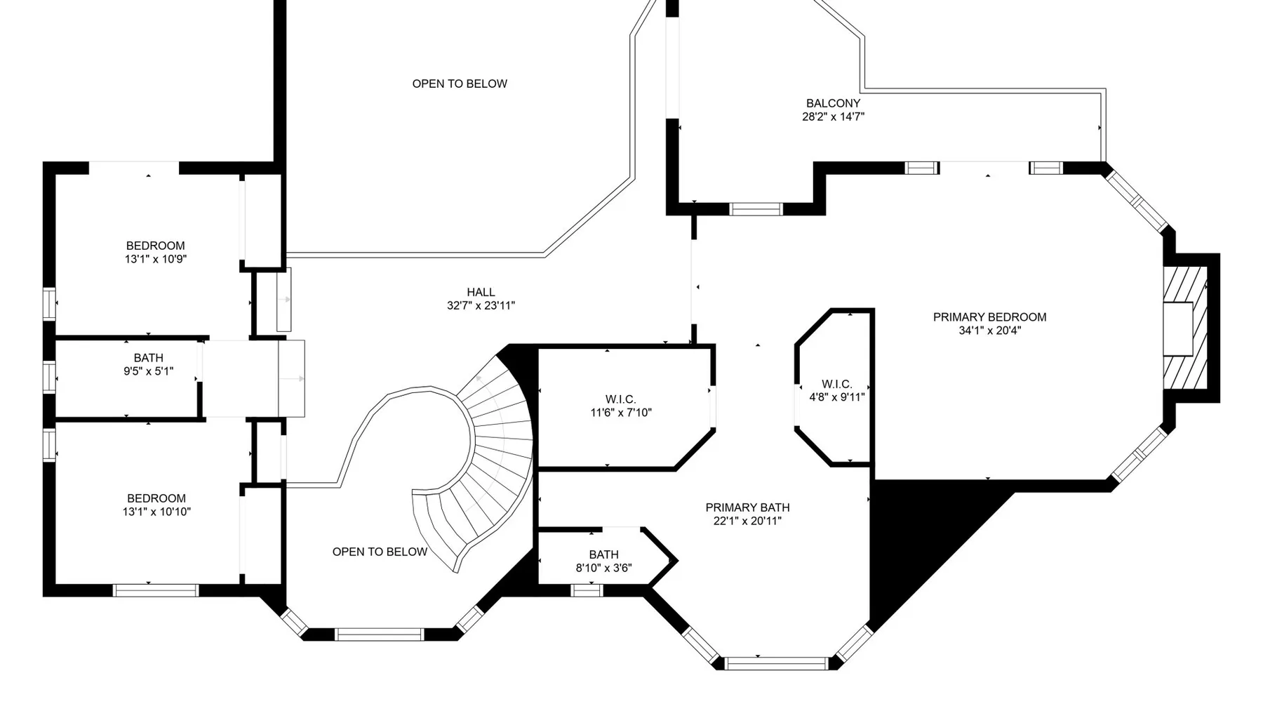 Un plano residencial muestra dormitorios, baños, un pasillo y un balcón.