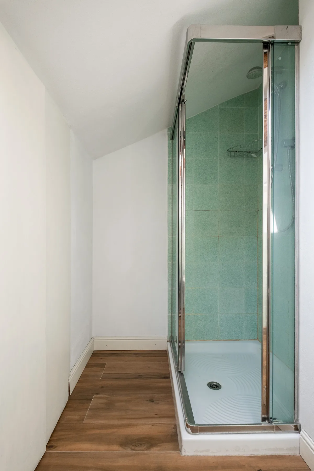 Un baño con ducha de vidrio y suelo de aspecto de madera.