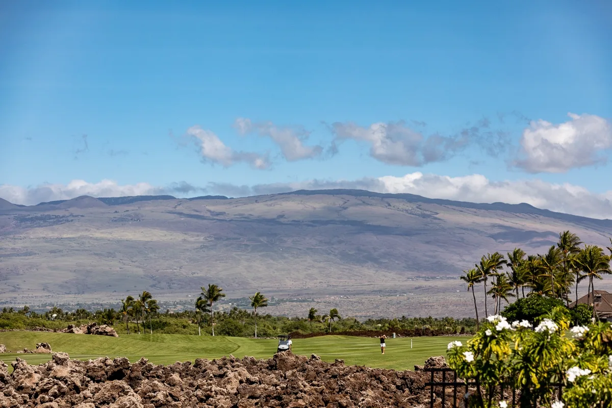 A mountain landscape rises beyond a green field and rocky foreground.