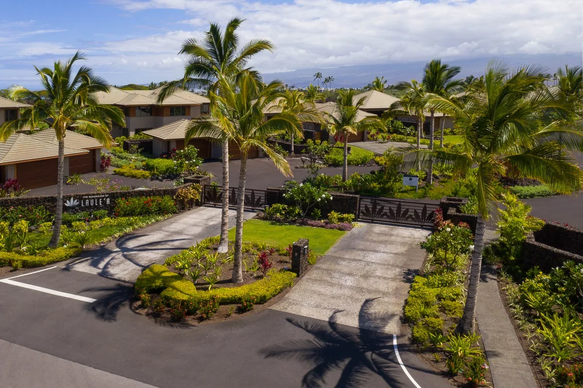 A landscaped tropical resort entrance with palm trees, gardens, and a paved driveway.