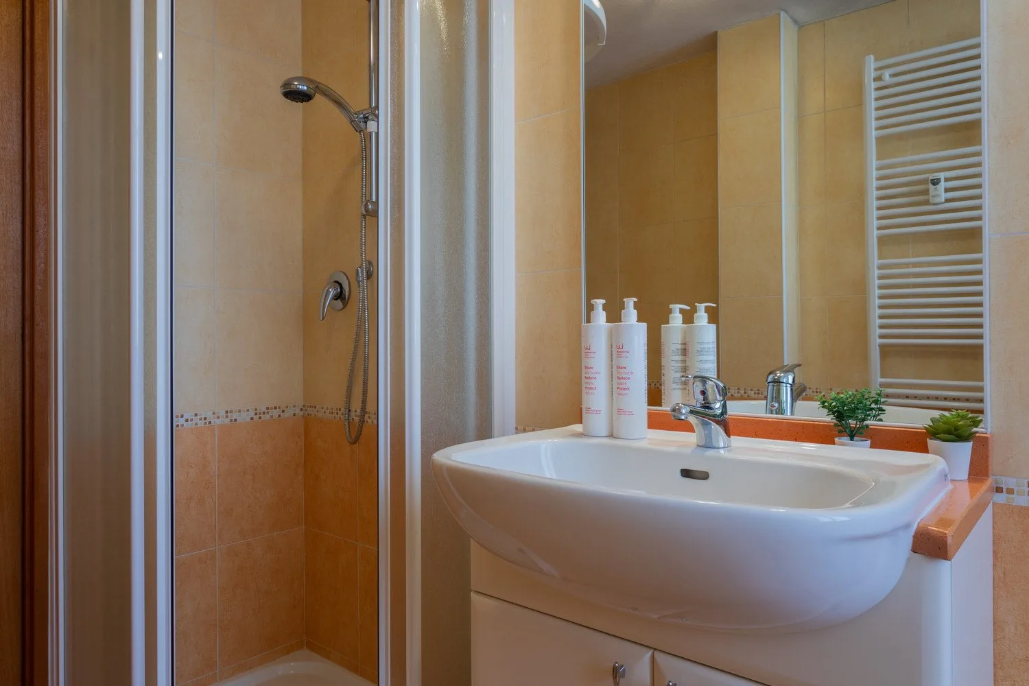 A bathroom with a shower and a white sink beneath a large mirror.
