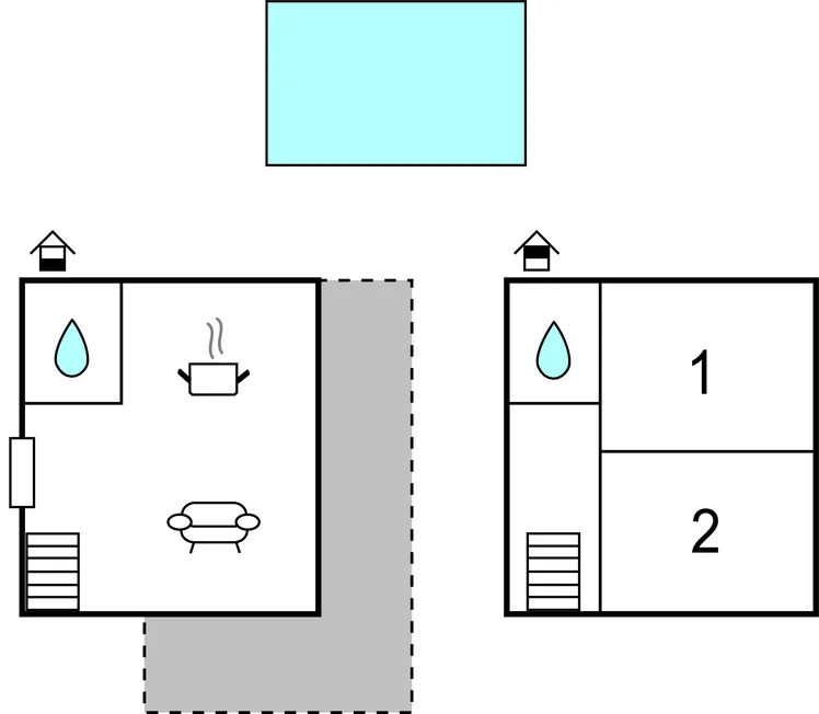 A simple floor plan shows a bathroom area beside two labeled rooms.