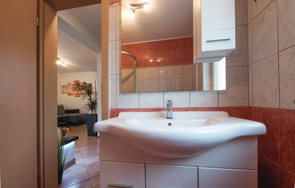 A bathroom vanity with a wide sink and mirror.