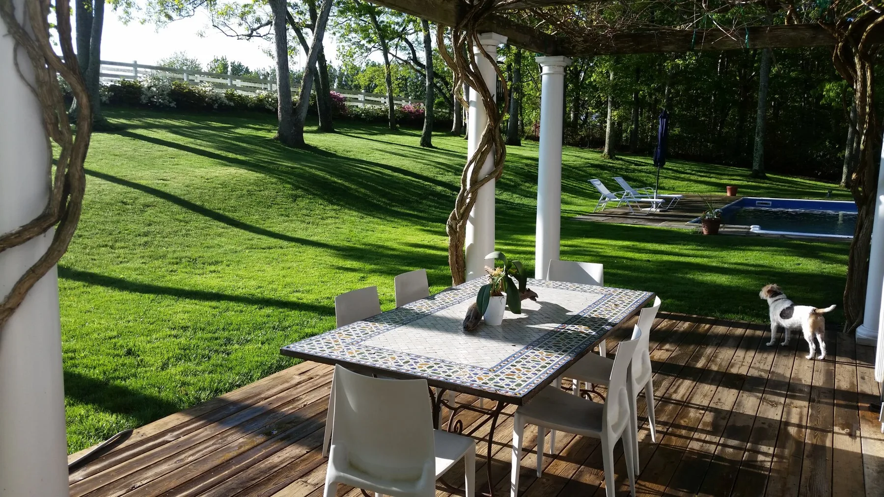 Un patio exterior a la sombra con una mesa de comedor da a un césped verde y una piscina.