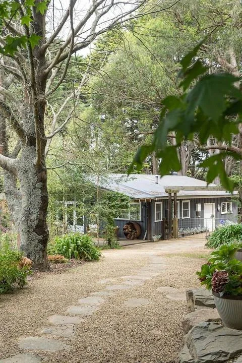 A small building stands beside a gravel path beneath leafy trees.