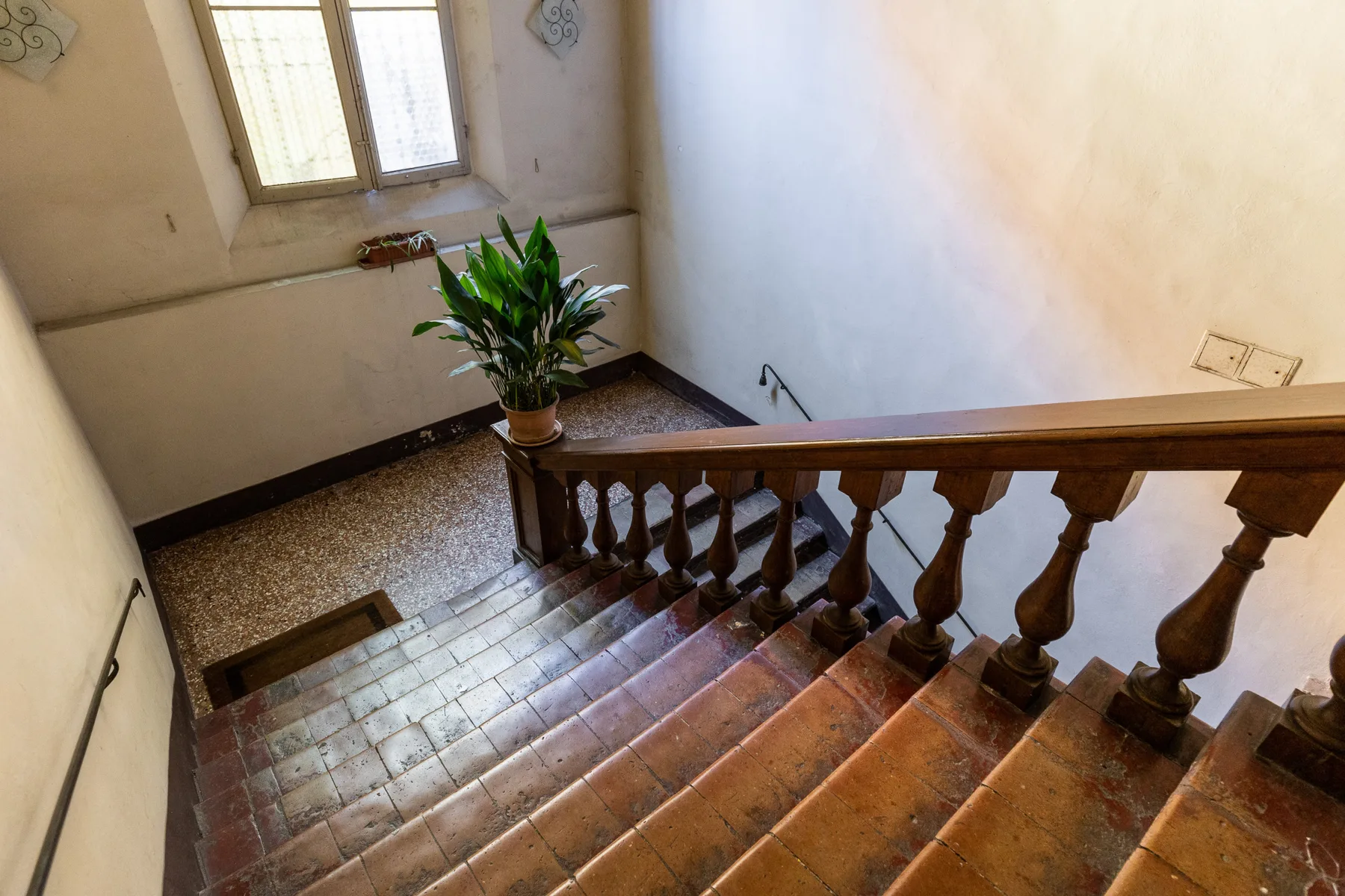 A tiled interior staircase descends past a wooden railing and a potted plant.