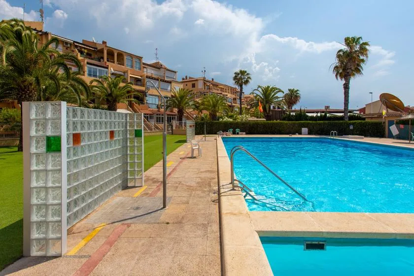 An outdoor swimming pool with a paved deck and palm trees nearby.