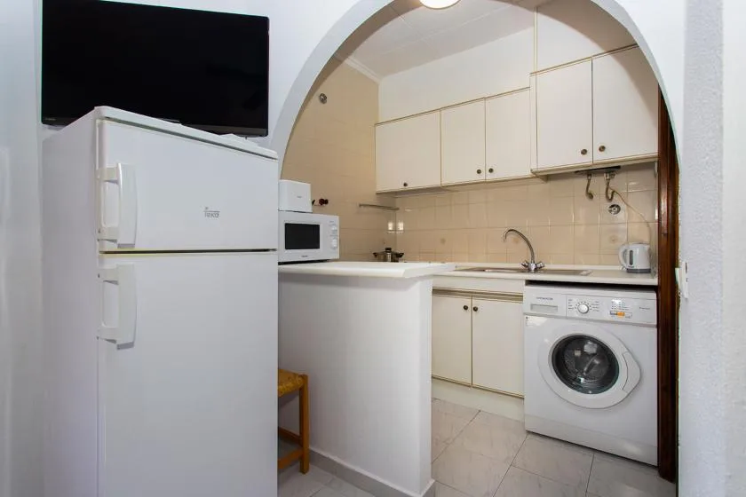A compact kitchen with white cabinets, a refrigerator, and a washing machine.