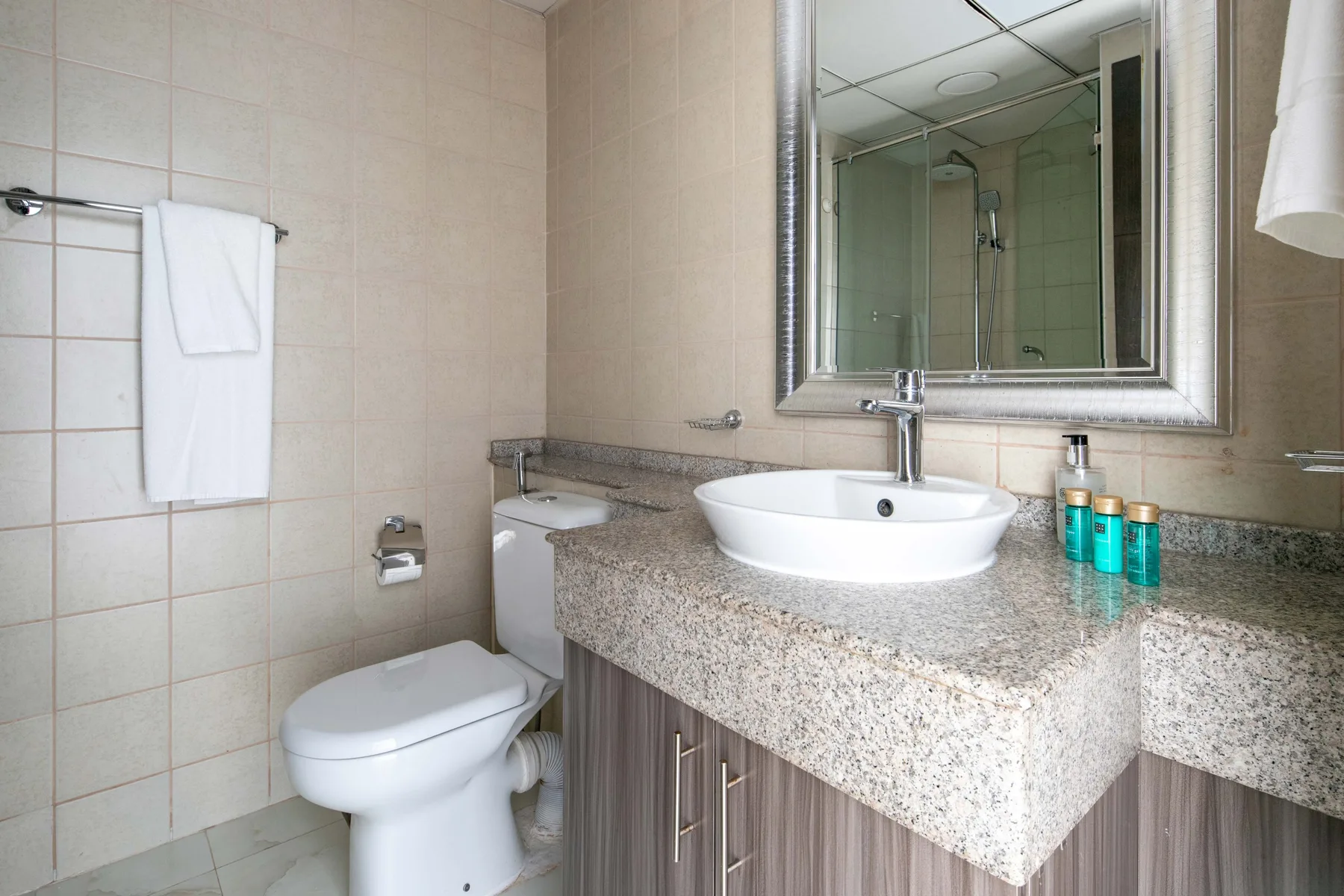 A tiled bathroom with a toilet, sink, and large mirror.