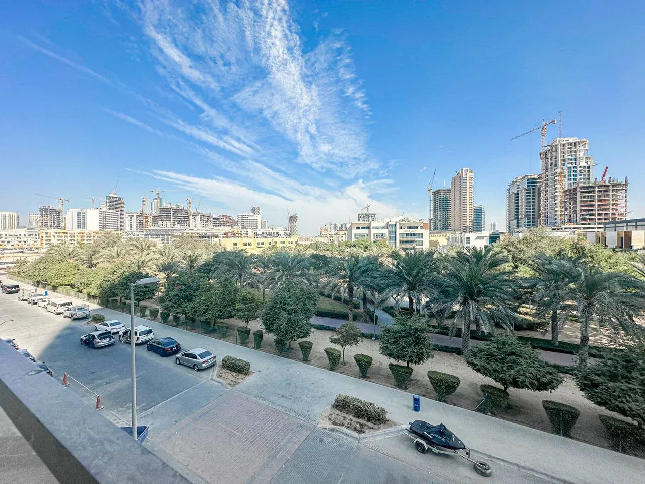 A city street and sidewalk run beside a palm-lined green space, with high-rise buildings beyond.