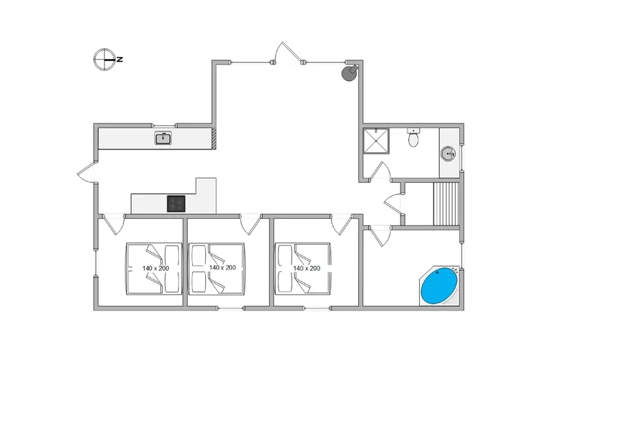 Un plano muestra varias habitaciones, un baño y un elemento ovalado azul.