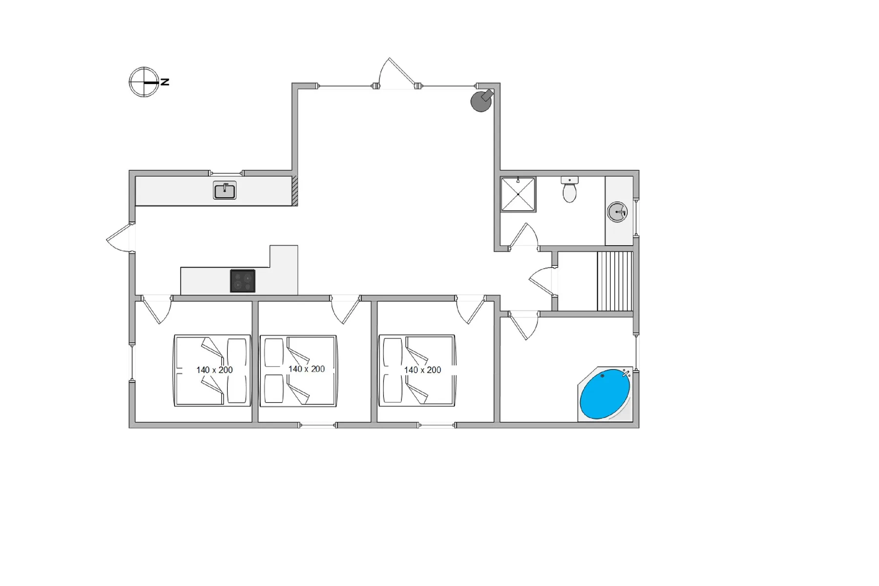Un plano muestra varias habitaciones, zonas para dormir, un baño y un elemento ovalado azul.