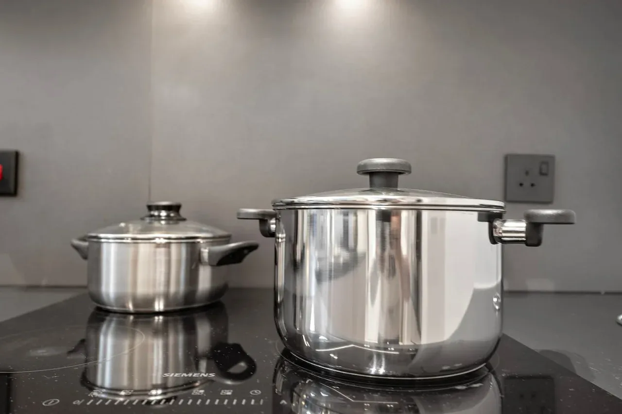 Una placa de cocina con dos ollas de acero inoxidable.