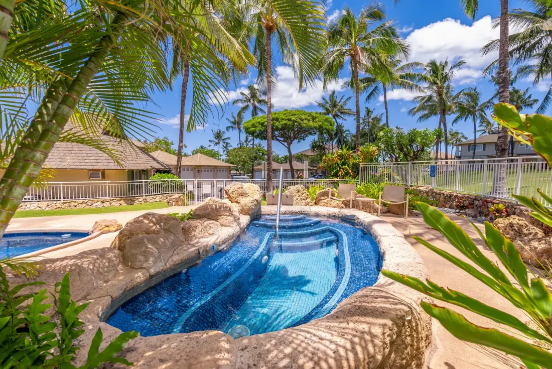 Una piscina exterior curva está rodeada de rocas y palmeras.