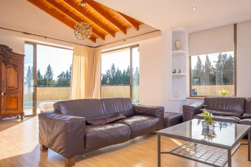 A bright living room with leather seating and large windows overlooking trees.