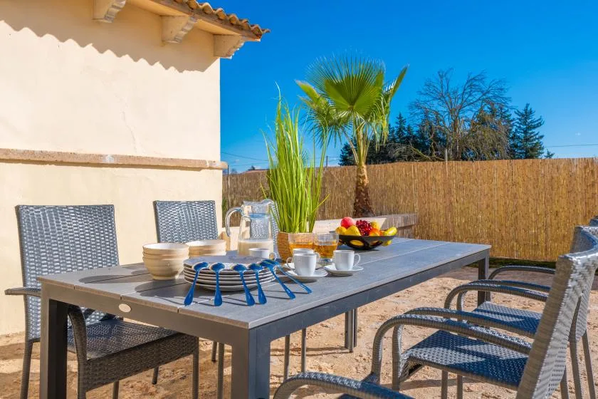 Outdoor dining area with a table set with dishes and fruit beside a palm tree.