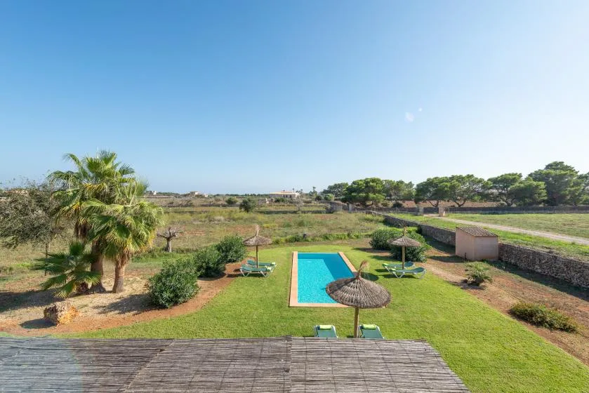 A rectangular swimming pool sits in a grassy outdoor area with trees and thatched umbrellas.