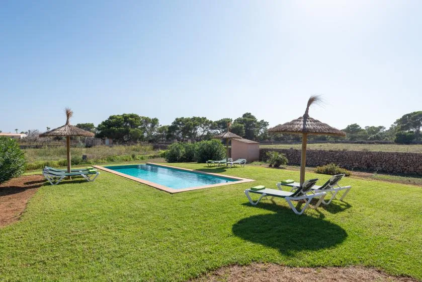 An outdoor swimming pool sits in a grassy yard with lounge seating and parasols.