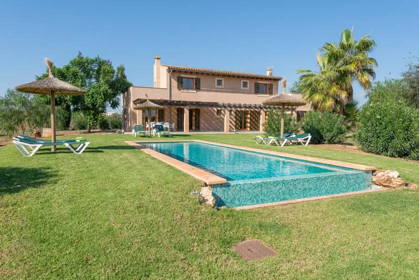 A swimming pool and lawn sit in front of a two-story house under a clear sky.