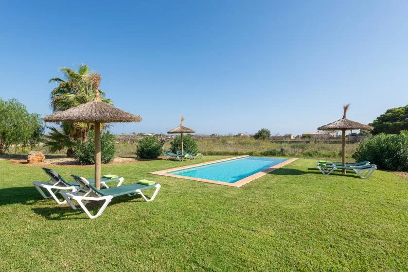 A swimming pool sits in a grassy outdoor area with lounge chairs and thatched umbrellas.