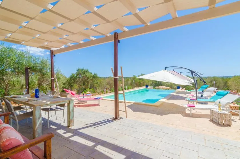 Una zona de piscina al aire libre con asientos bajo una pérgola sombreada.