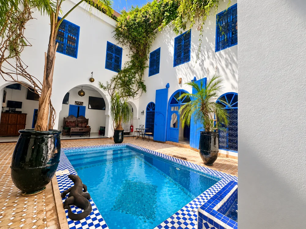 Patio azul y blanco iluminado por el sol en Riad Chameleon