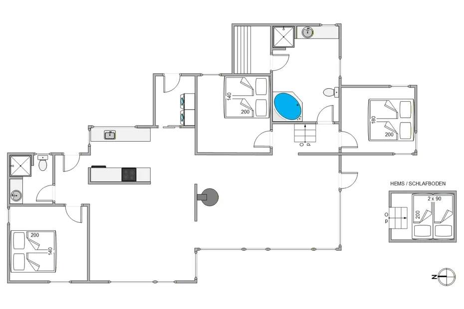 Un plano muestra varias habitaciones, camas y una bañera azul central.