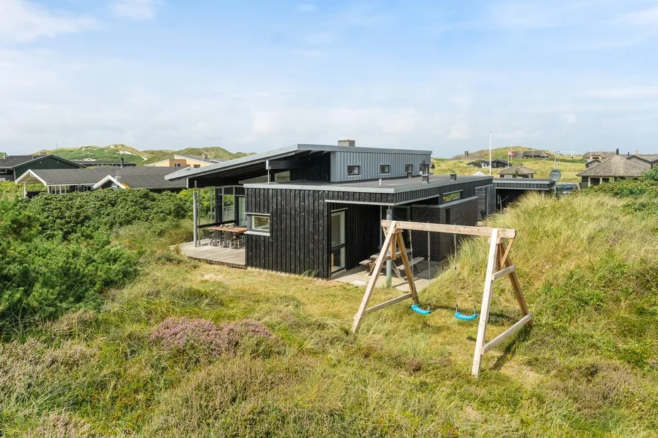 A modern dark-clad house stands among grassy dunes, with a wooden swing in the foreground.
