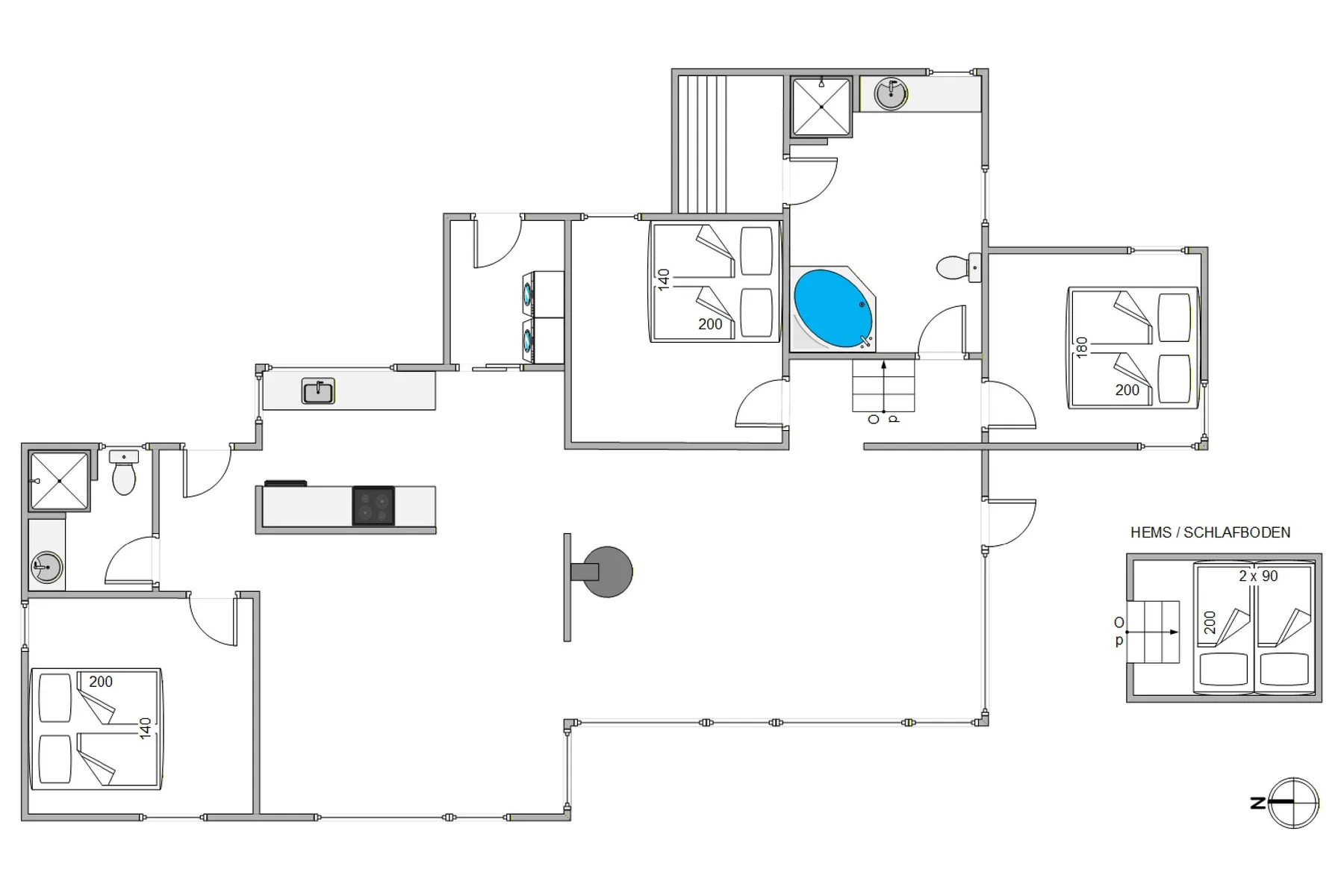 A floor plan shows the layout of a vacation home, including bedrooms and a central living area.
