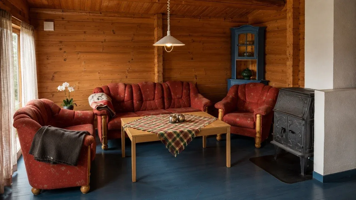 Sala de estar de la cabaña con estufa de leña