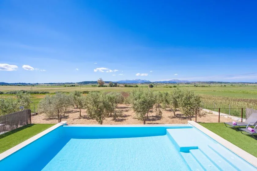 Una piscina al aire libre da a un paisaje rural abierto bajo un cielo azul despejado.