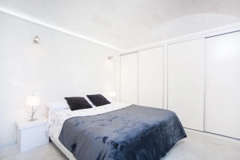 Un dormitorio con una cama cubierta con ropa de cama oscura junto a puertas blancas de armario.