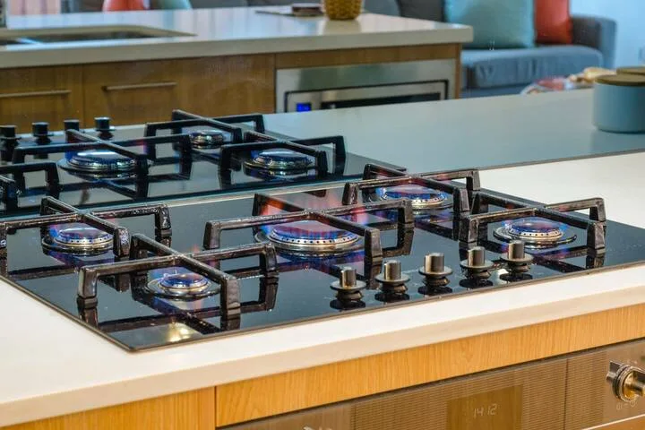 Una placa de cocina está empotrada en una amplia encimera, con armarios y un horno detrás.