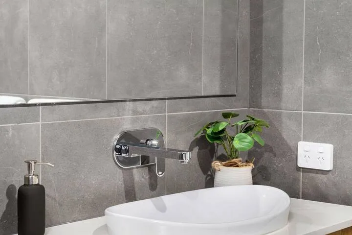 Un lavabo de baño con una pila blanca, grifo de pared y una planta en maceta.