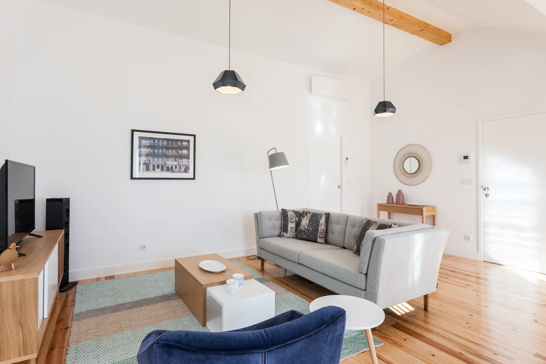 A bright living room with a gray sofa, a rug, and a television.