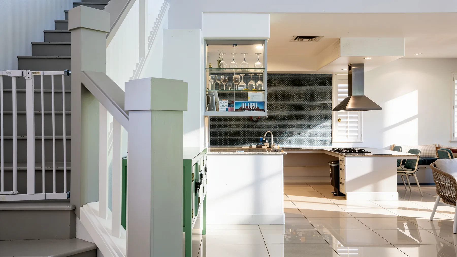 Una cocina y comedor luminosos junto a una escalera, con gabinetes blancos y un salpicadero oscuro.