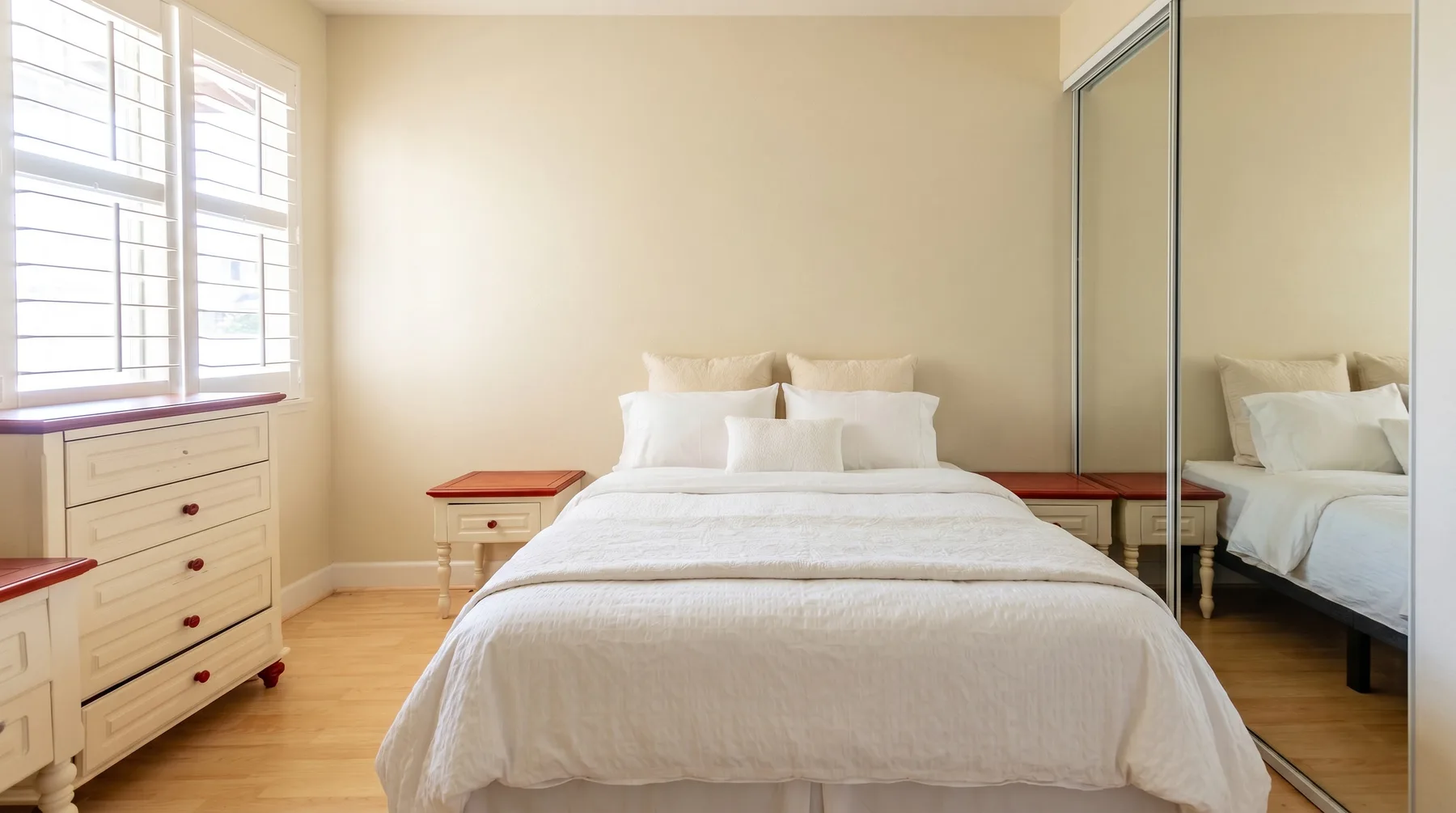 Un dormitorio luminoso con una cama bien tendida y puertas de armario espejadas.