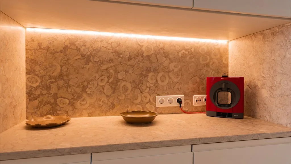 Una encimera de cocina con luz cálida, salpicadero estampado y pequeños electrodomésticos.