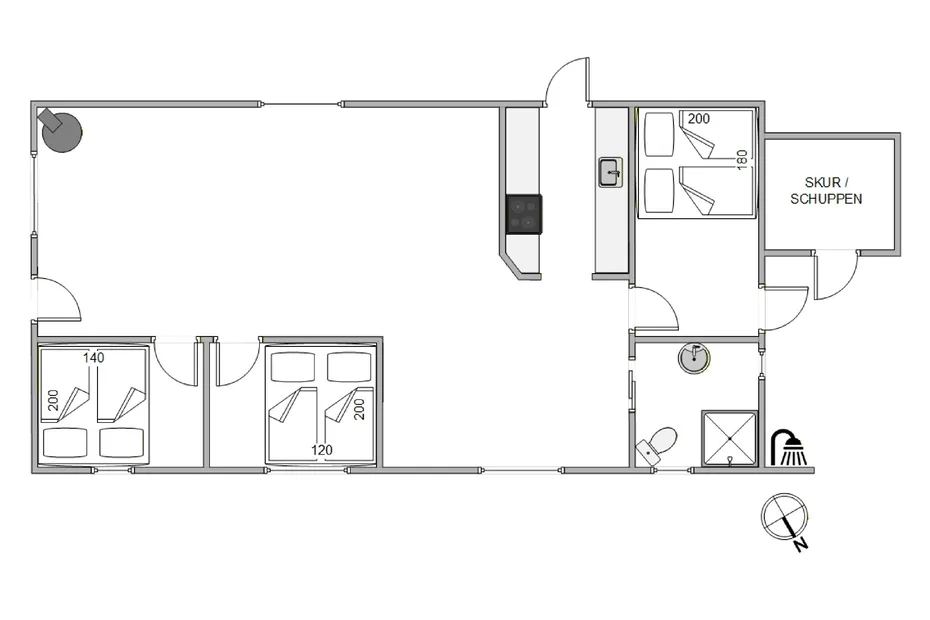 Un plano muestra varias zonas para dormir, un baño y un espacio central abierto.