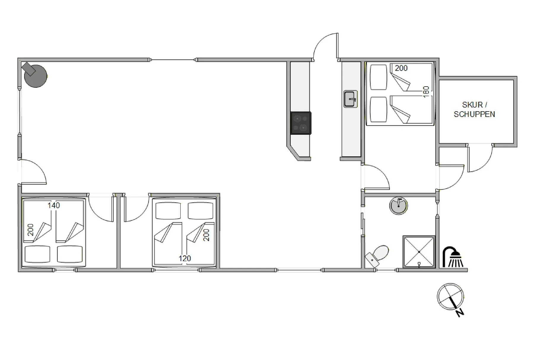 Un plano muestra una zona central con dormitorios y un baño.