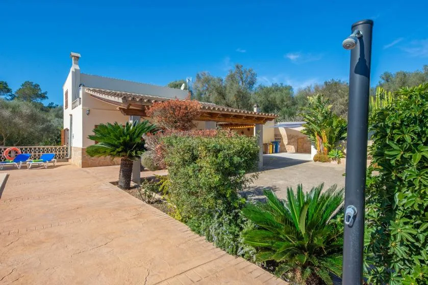 A single-story house opens onto a paved patio surrounded by shrubs and palm-like plants.