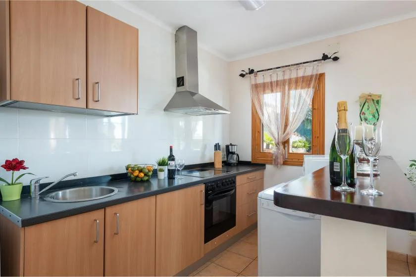 A bright kitchen with wooden cabinets, a dark countertop, and a window.