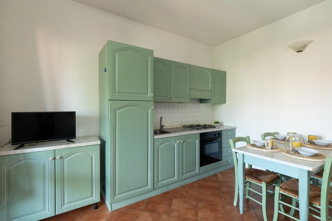 A kitchen with green cabinets, a television, and a dining table.