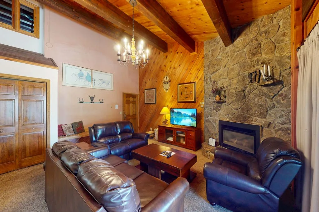 A wood-paneled living room with leather seating, a television, and a stone fireplace.
