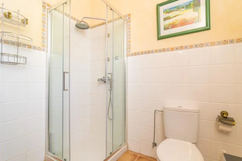 Un baño de azulejos con ducha de vidrio e inodoro.