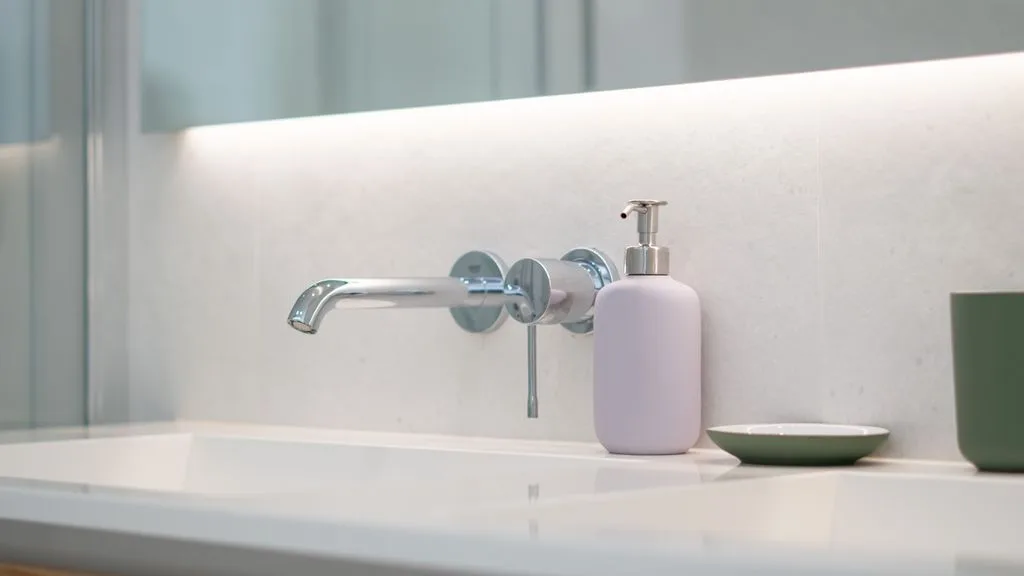 A bathroom sink with a wall-mounted faucet and soap dispenser.